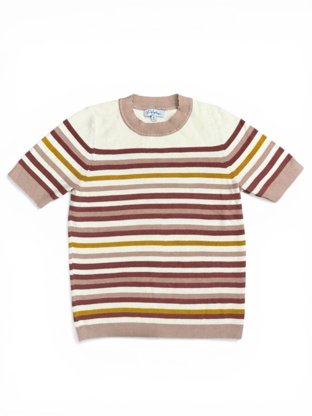 Polagram Striped Knit Sweater Top Short Sleeve Neutral Boho Size Medium